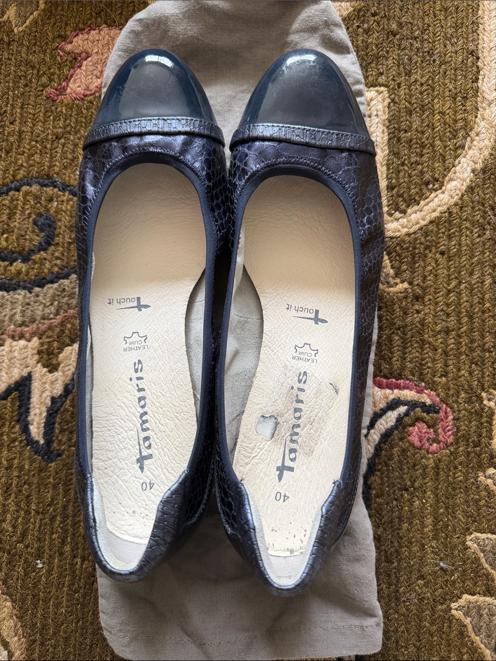 Tamaris Blue Patent Cap-Toe Ballet Flats with Textured Upper
